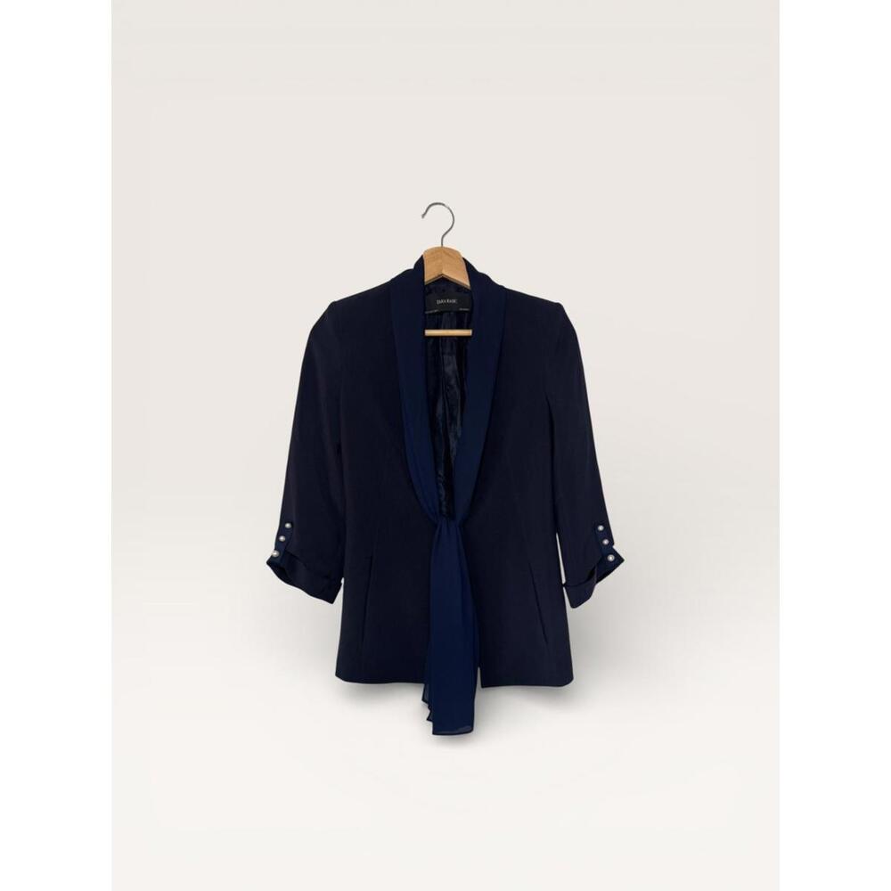 Zara Navy Blue Women's Blazer with Tie Detail and Pearl Buttons